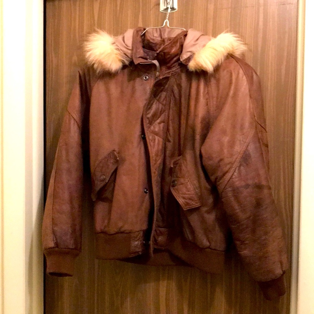 Brown leather bomber jacket with zip off hood